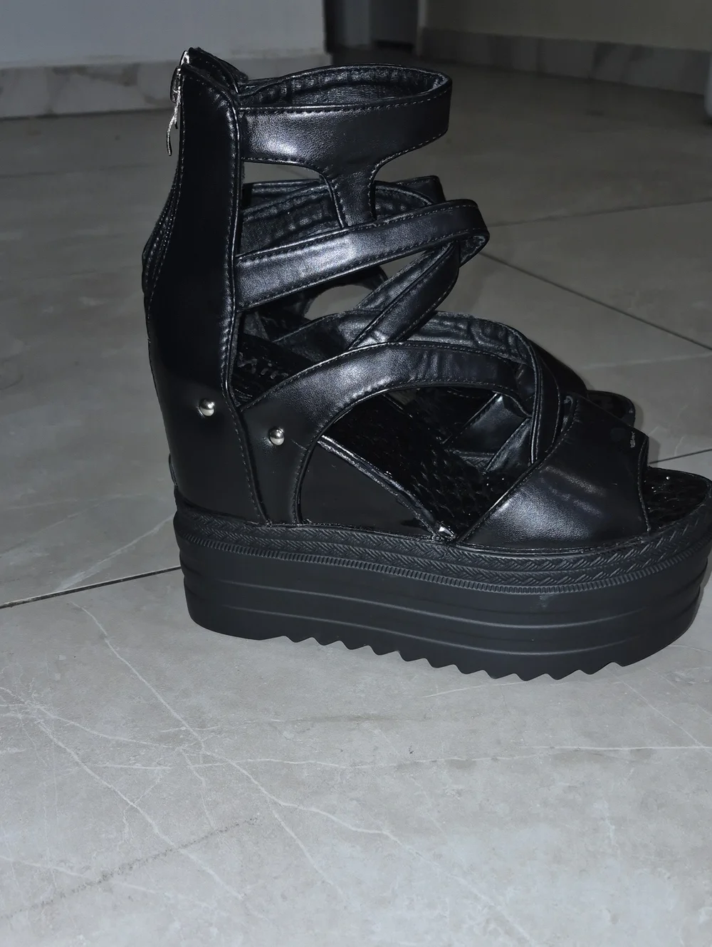 Black Strappy Platform Wedge Sandals with Back Zip - Women